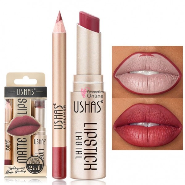 Ruj solid pentru buze 2 in1 USHAS GOLD Long Lasting Matte & LipLiner Cod 04B Magenta